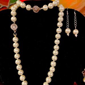 3 Piece Silver tone White Faux Pearl Necklace, Bracelet & Earrings Set